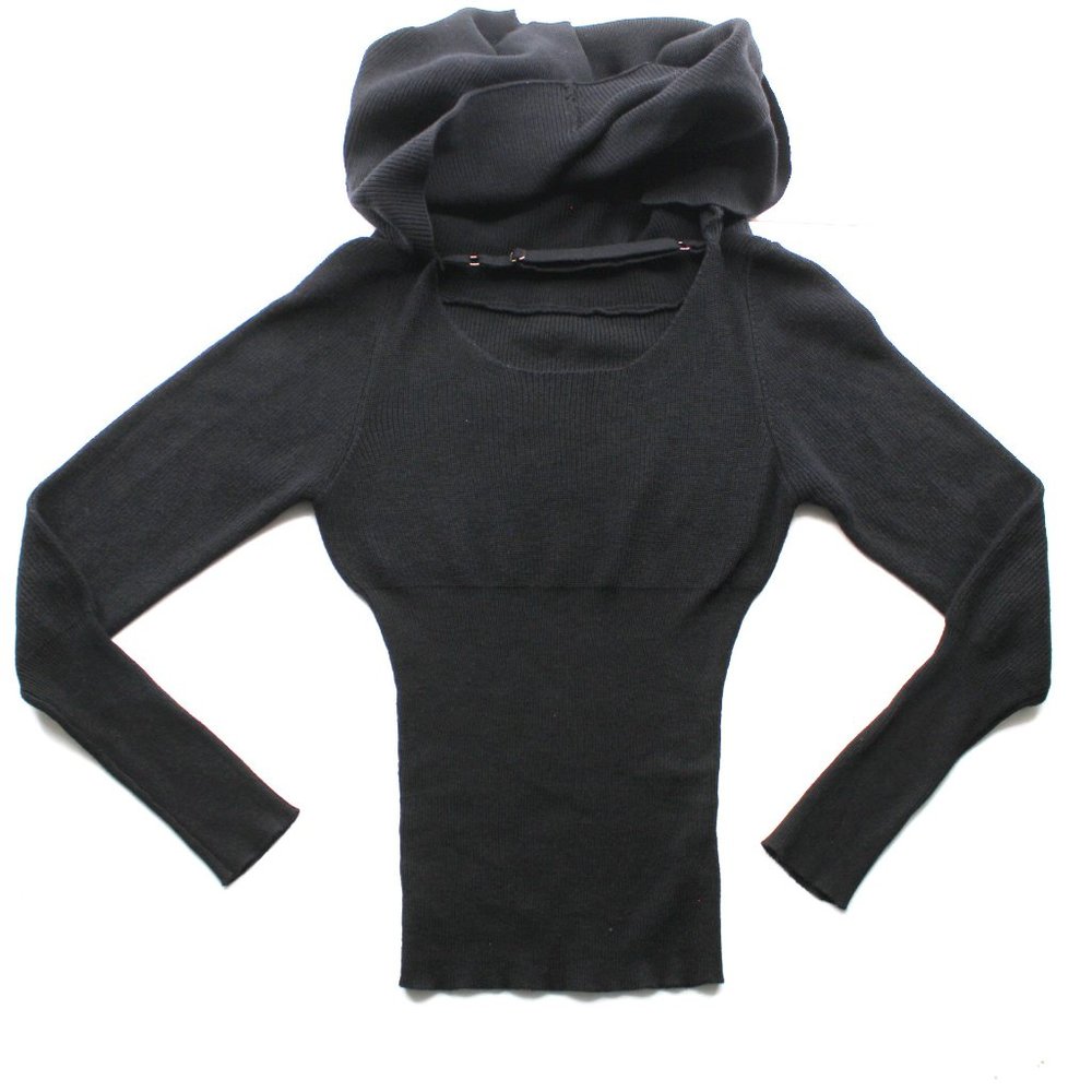 Black Off The Shoulder Sweater Ribbed Knit Adjustable Open Back Long Sleeve SZ S - Picture 7 of 15